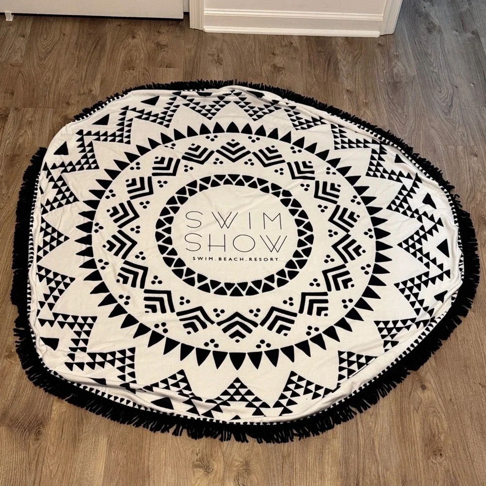 Miami Swim Show Black & White Boho Print Round Fringe Tassel Trim Beach Towel